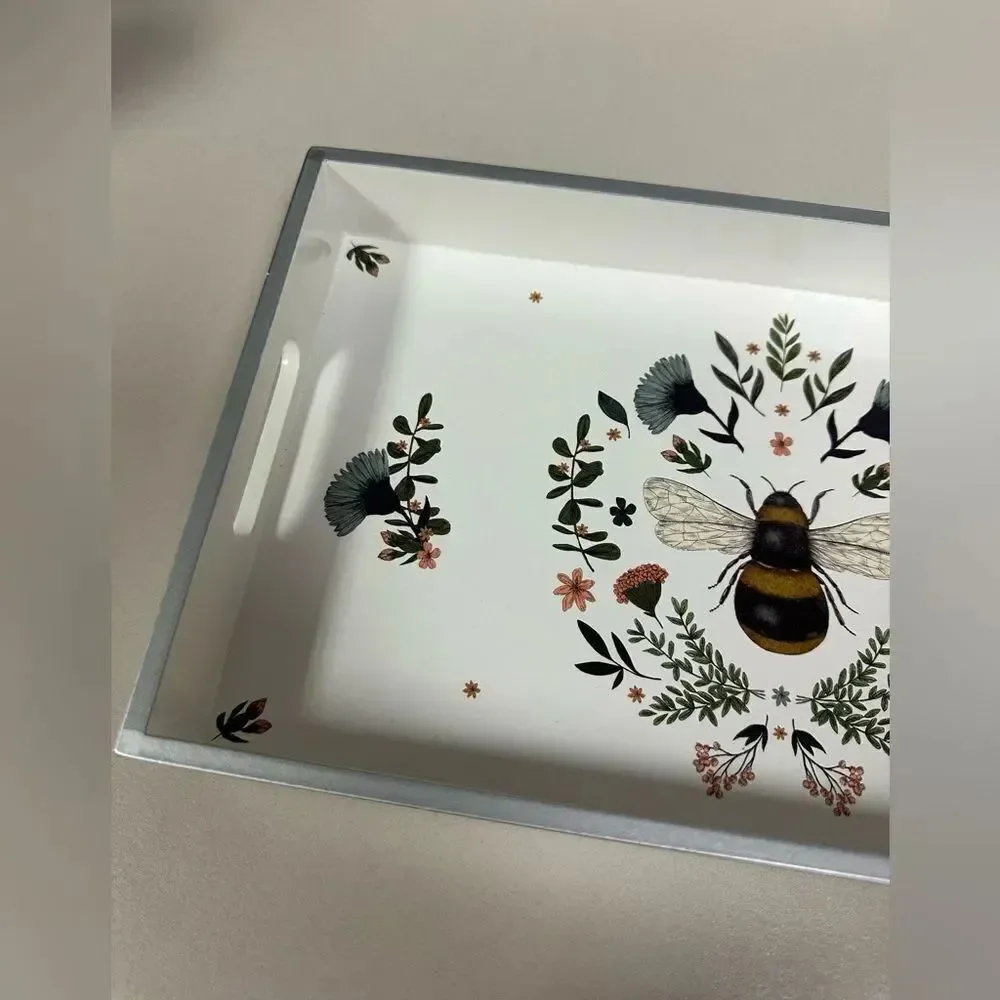 PPD White Blue Black Gold Secret Bee Lacquered Vanity Tray